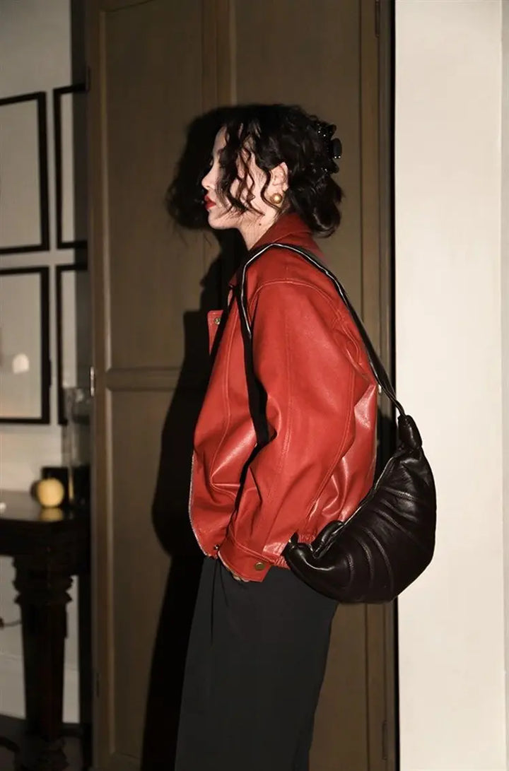 Red Faux Leather Jacket With Zipper