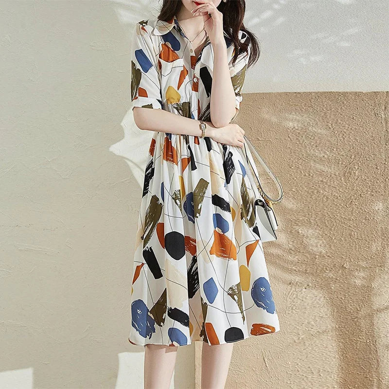 Colorful Printed Midi-Dress With Polo-Neck