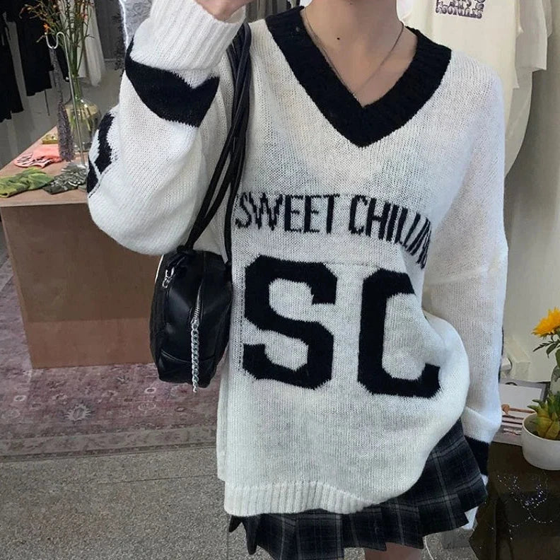 Oversized "SWEET CHILLING" Sweater With V-Neck