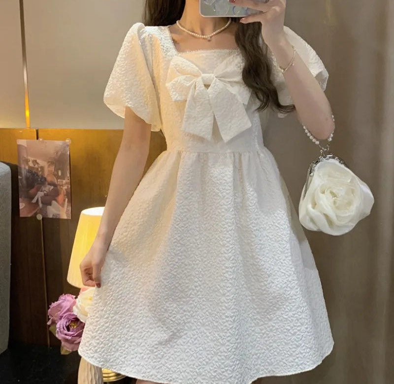 Puff Sleeve Dress With Chest Bow (S-4XL!)