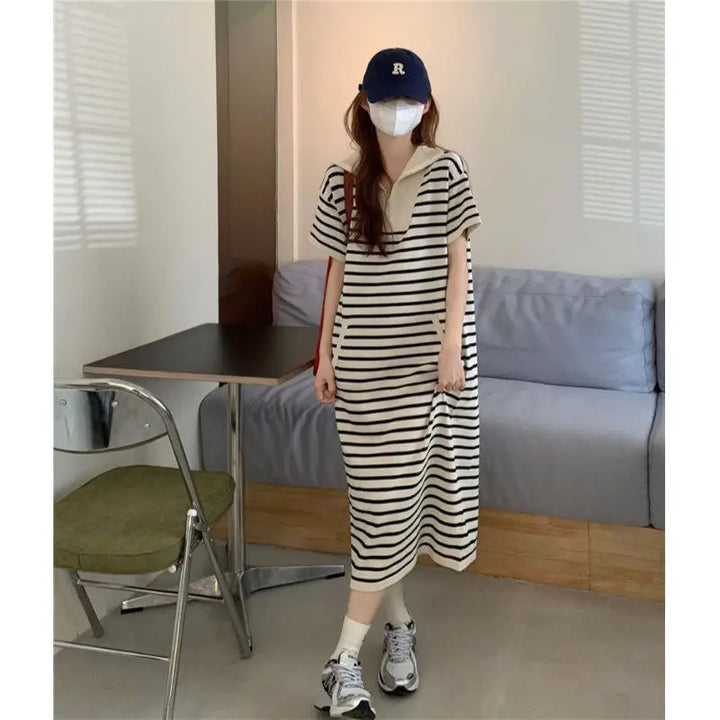 Striped Loose-Fitting Short Sleeve Midi Dress