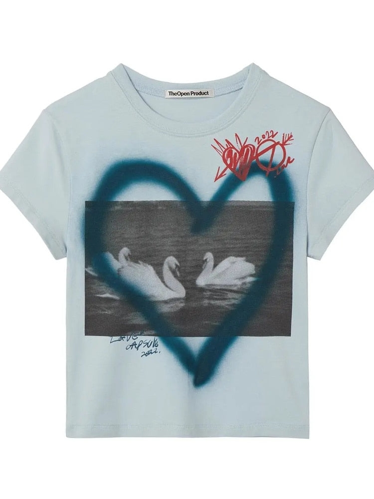 Y2K Crop Tee With Swan Print and Graffiti Heart Detail