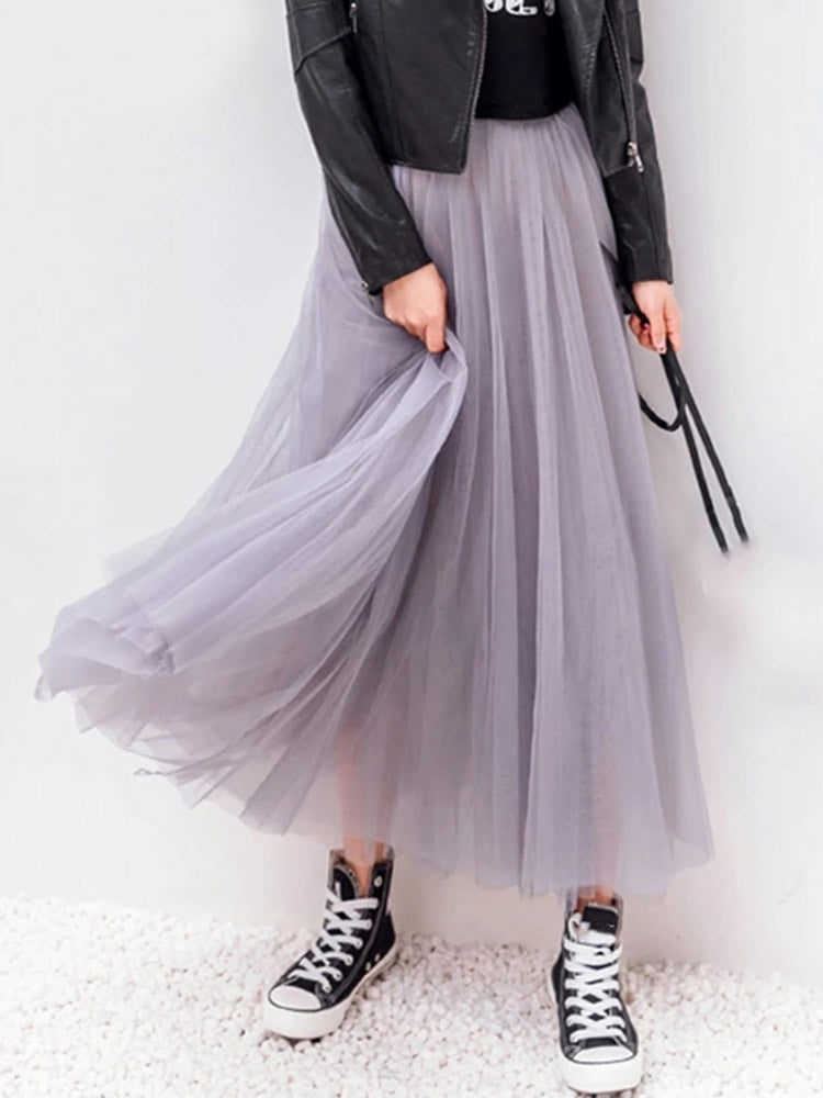 Mesh Tulle Skirt with Elastic Waist