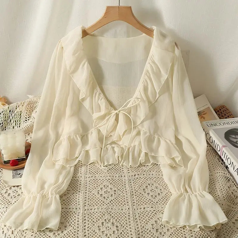 Sheer Ruffle Blouse With Flare Sleeves