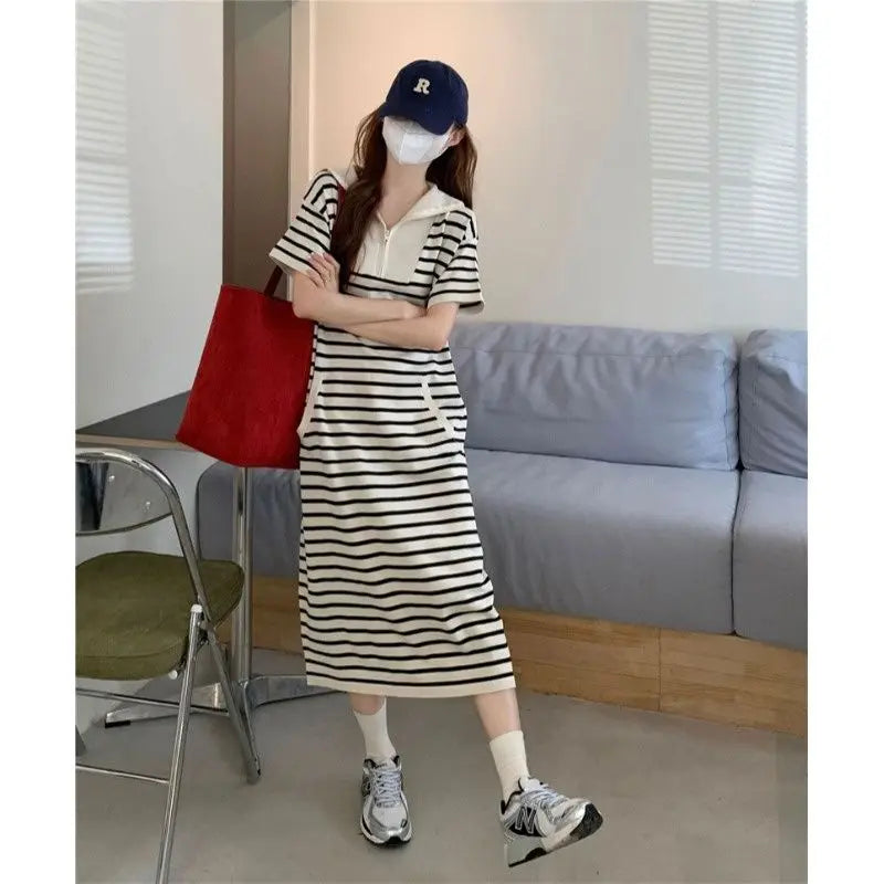 Striped Loose-Fitting Short Sleeve Midi Dress