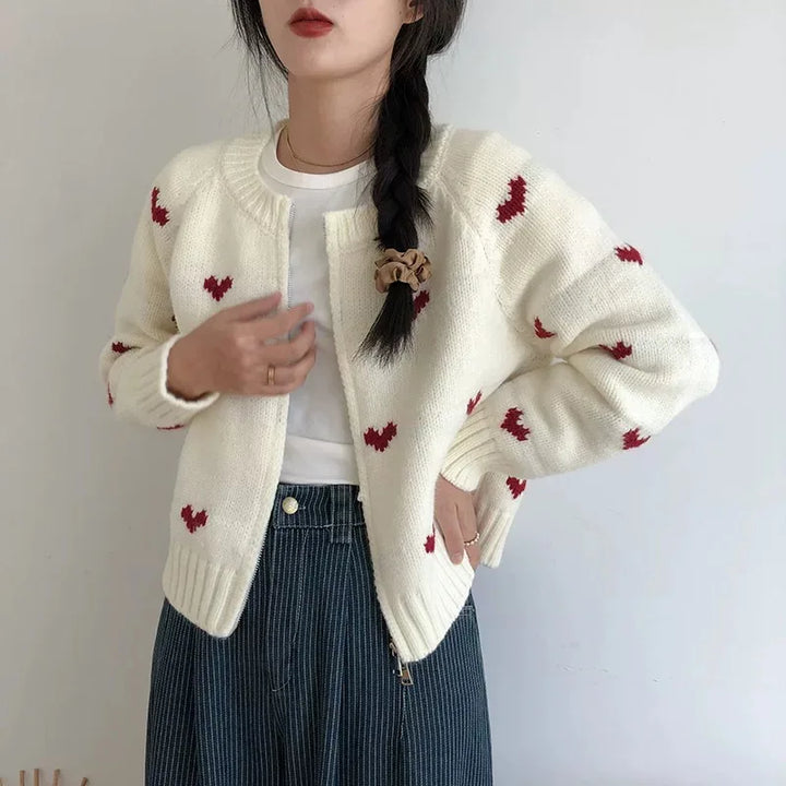 Knit Zip-Up Cardigan With Heart Pattern