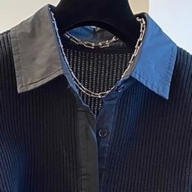Buttoned-Up Patchwork Blouse With Turn-Down Collar