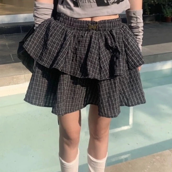 Layered Mini Skirt With Plaid Pattern