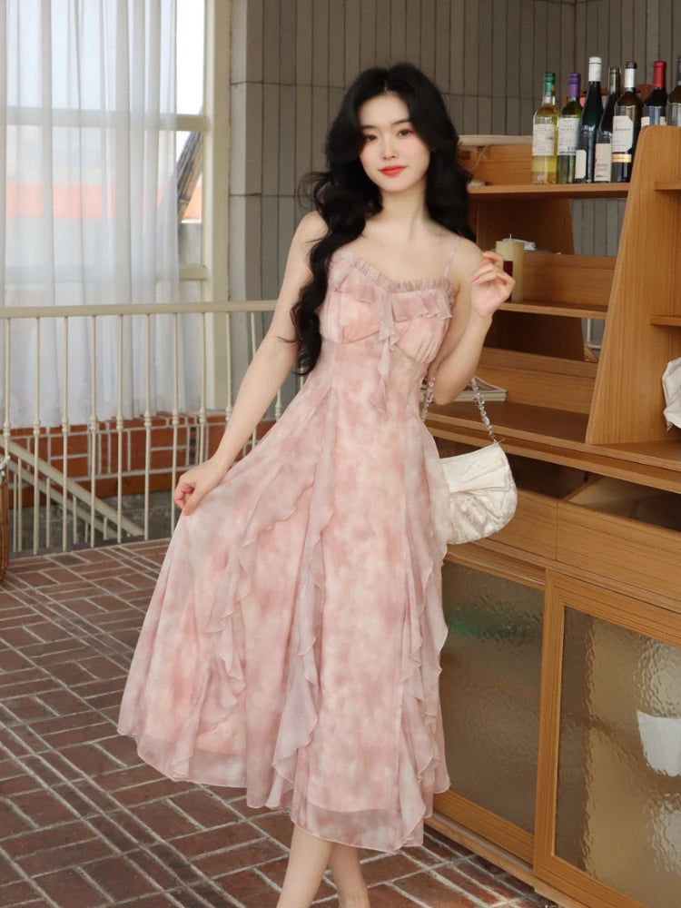 Fairy-Like Floral Long Dress With Spaghetti Straps