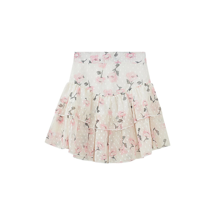 Two-Piece-Set: Ruffled High Waist Mini Skirt + Loose-Fitting Crop Top With Lantern Sleeves
