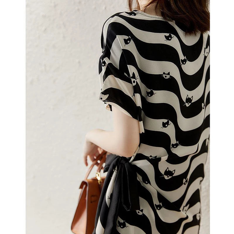 Striped Midi-Dress With Cats And Bow