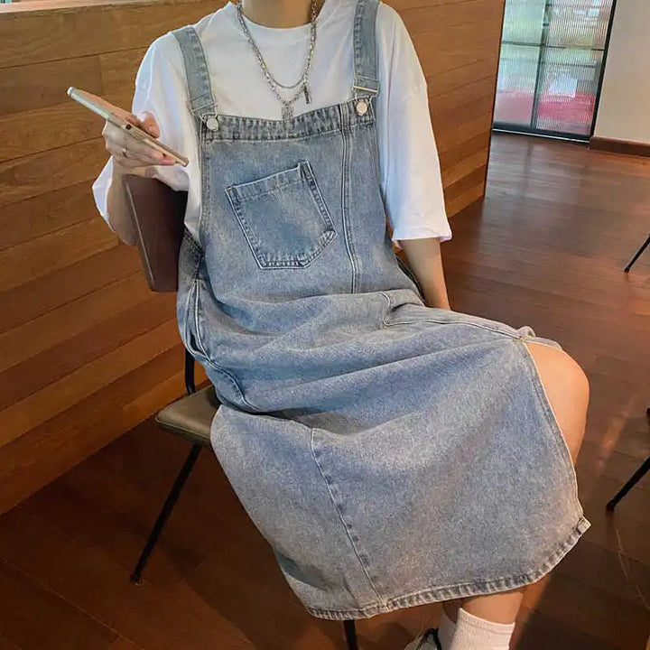 Denim Dungaree Dress With Pockets