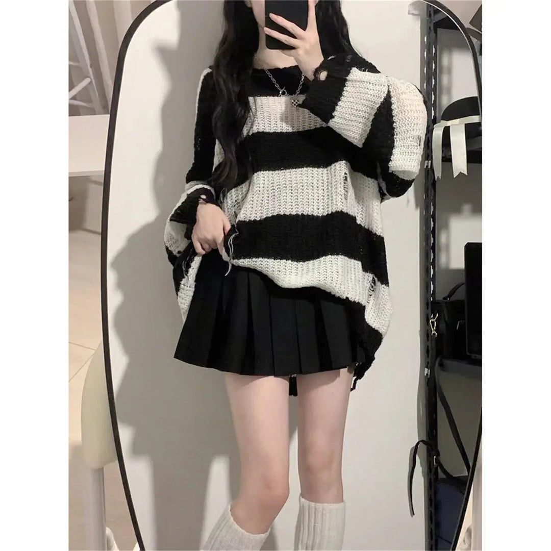 Knitted & Striped Oversized Pullover With Holes