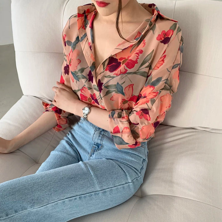 Floral-Pattern Chiffon Blouse With Buttons
