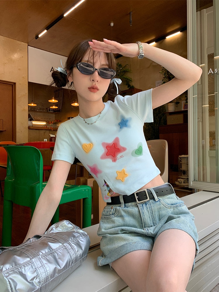 Star Print / Patch Crop Tee With Slit