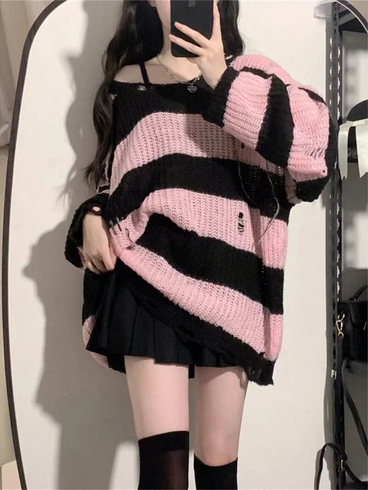 Knitted & Striped Oversized Pullover With Holes