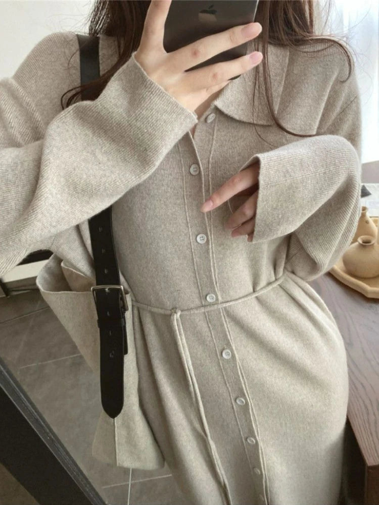 Elegant Long Sleeve Midi Shirt Dress