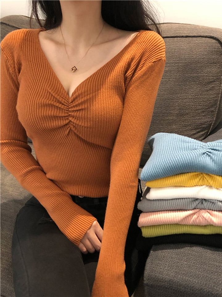 Ribbed Pullover With V-Neck Knot Gathering