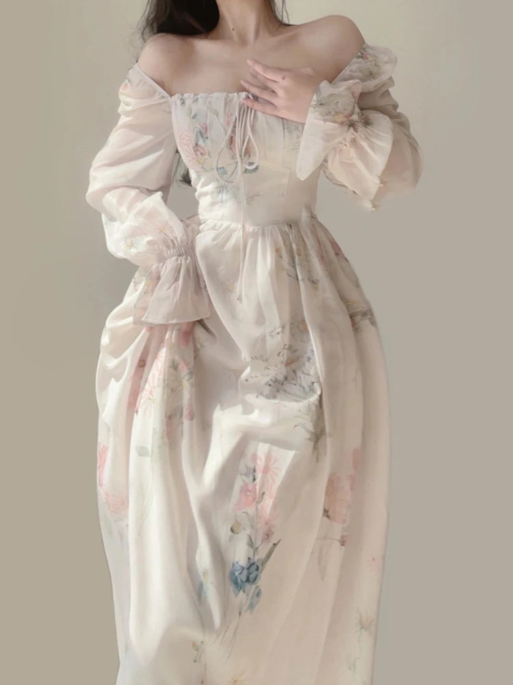 Boho Maxi-Dress With Tender Flowers And Carmen Décolleté