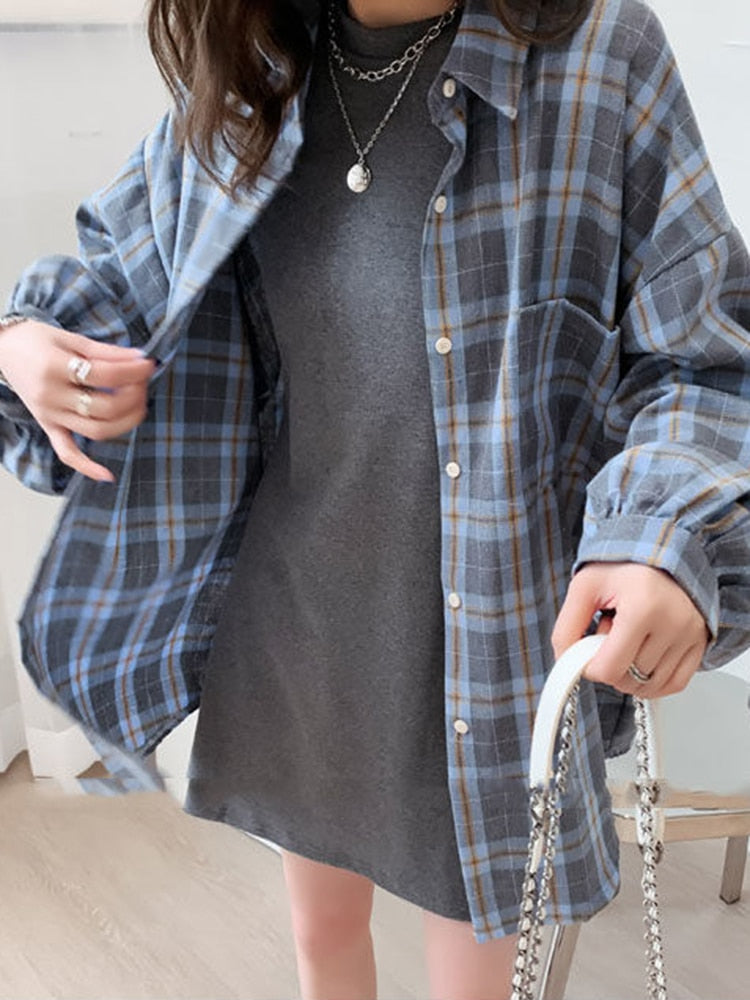 Plaid Buttoned Shirt With Lantern Sleeves