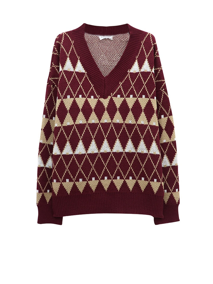 V-Neck Knit Sweater With Argyle Pattern