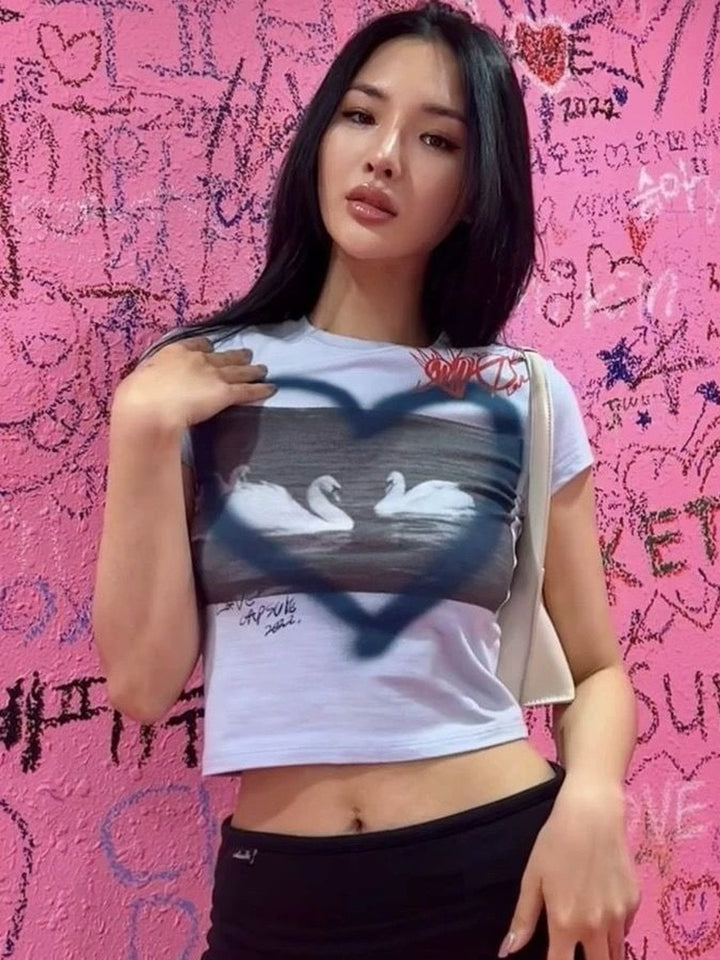 Y2K Crop Tee With Swan Print and Graffiti Heart Detail