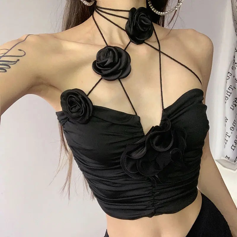 Black Gothic-Style Top With Roses-Applications
