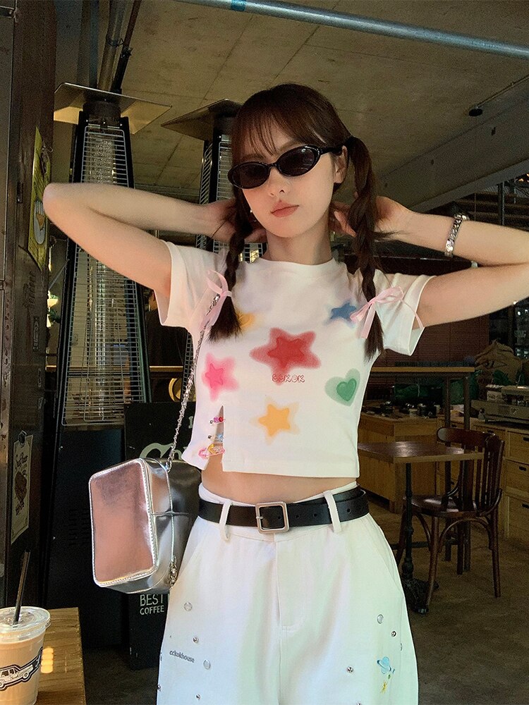 Star Print / Patch Crop Tee With Slit