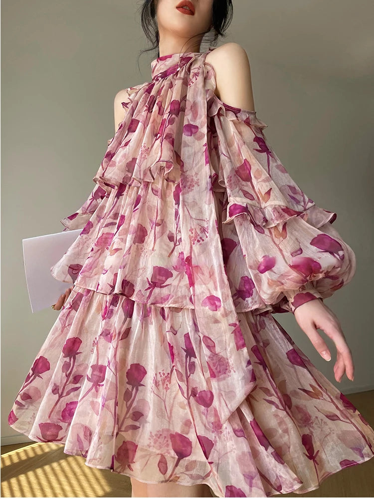Boho Off Shoulder Layered Dress With Floral Pattern
