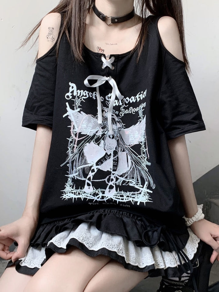 Anime Print "ANGELS OF SALVATION" T-Shirt With Shoulder Cut-Outs and Ribbon Detail