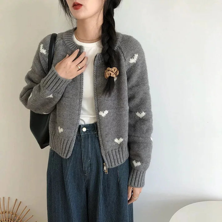 Knit Zip-Up Cardigan With Heart Pattern