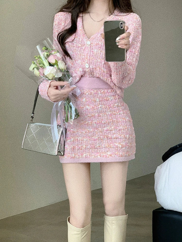Pink Knitted Cardigan And Skirt Set