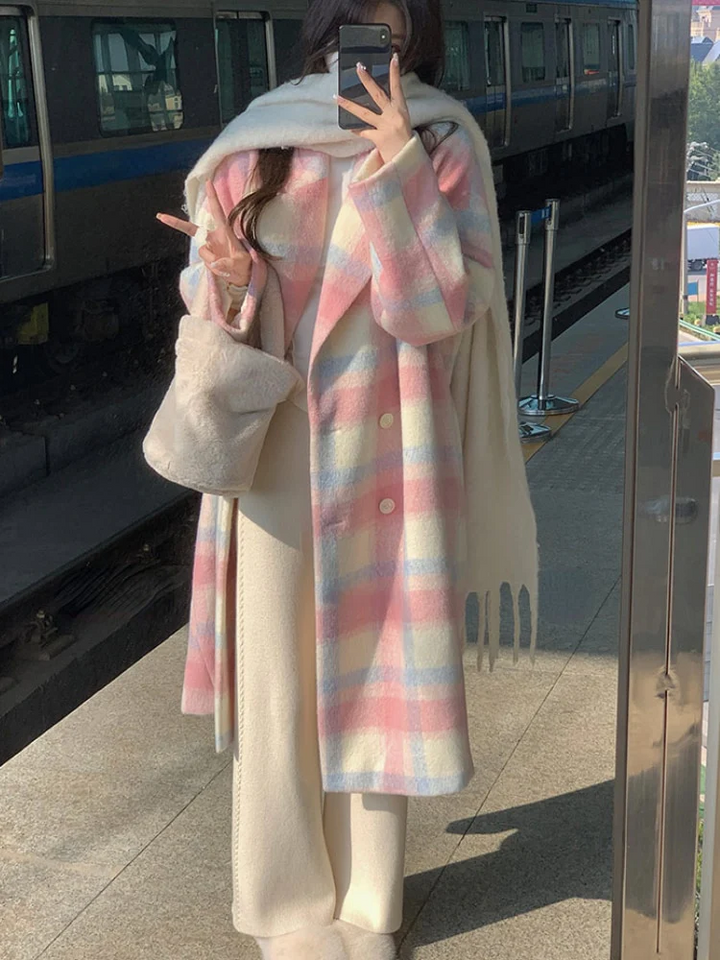 Pastel Plaid Wool Coat