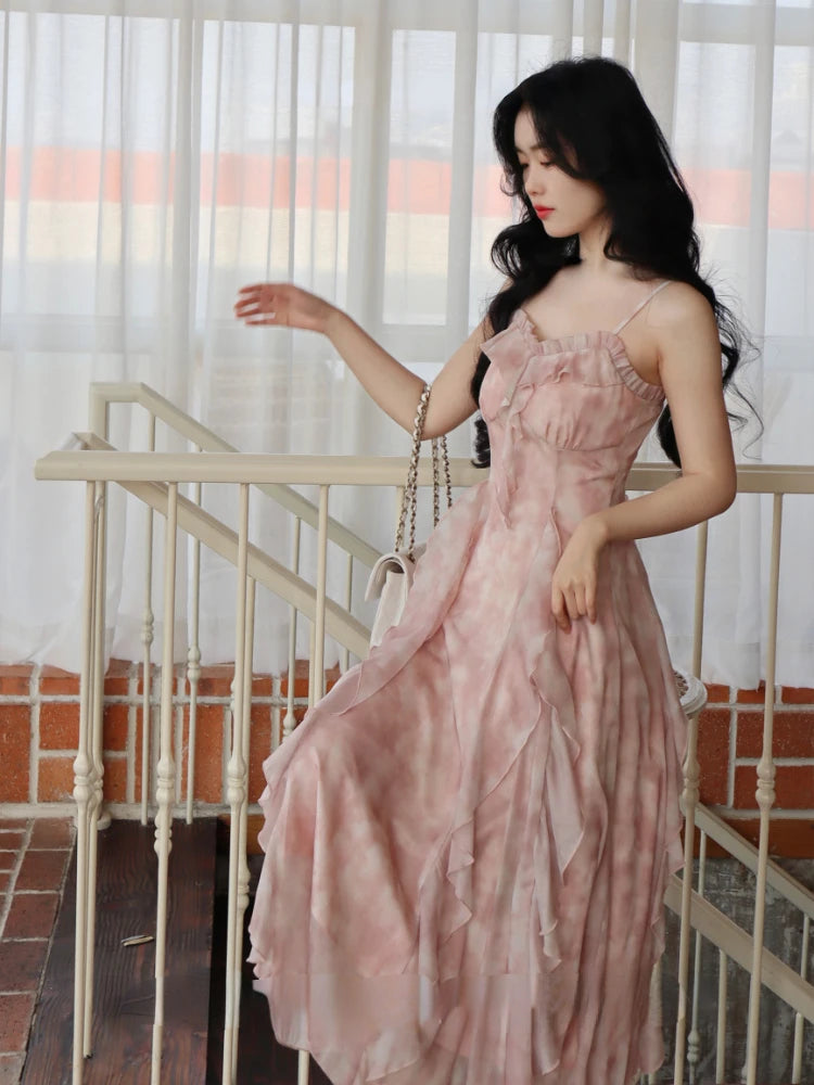Fairy-Like Floral Long Dress With Spaghetti Straps
