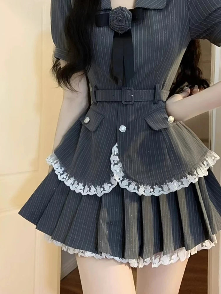 Elegant Striped Two Piece Dress Set With Lace Application
