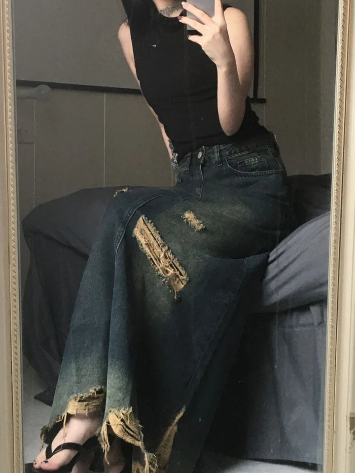 Ripped-Look Wide Long Jeans-Skirt