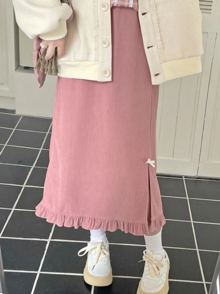Pink Corduroy Skirt With Bow Detail