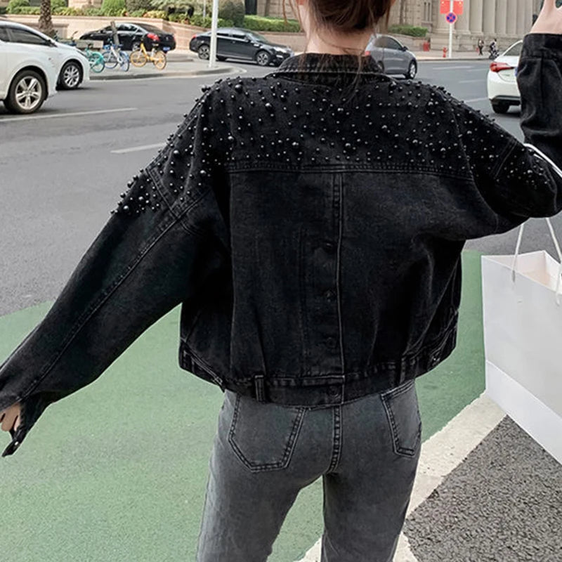 Cropped Denim Jacket With Decorative Pearls