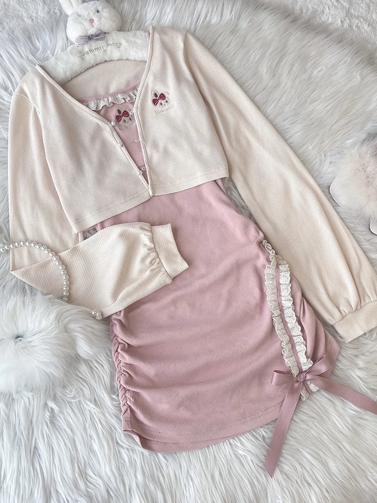 Kawaii Style Two Piece Set: Cute Cardigan + Ruched Lace Dress