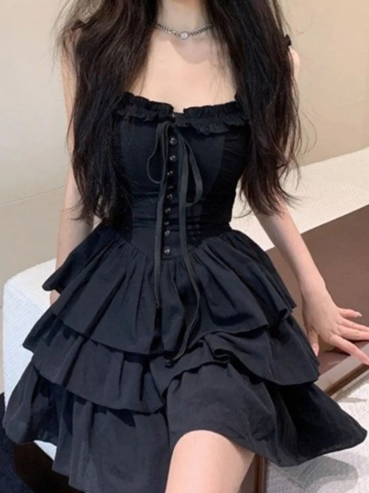 Gothic Style Midi Dress With Ruffles