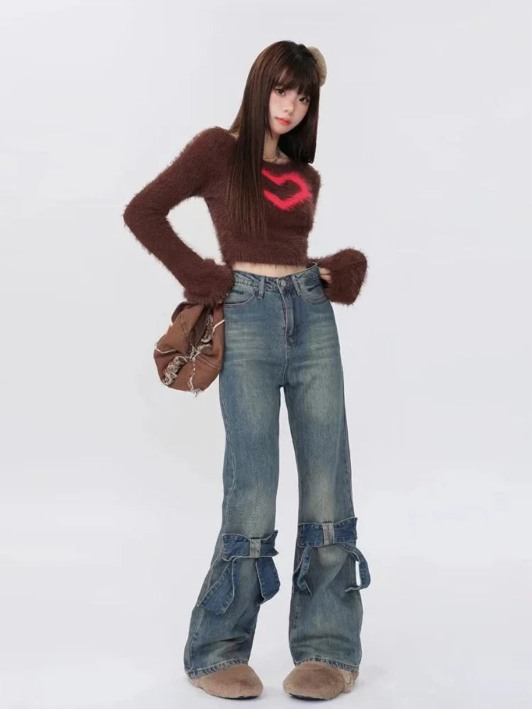 Y2K Style Wide-Leg Jeans With Ribbon Applications