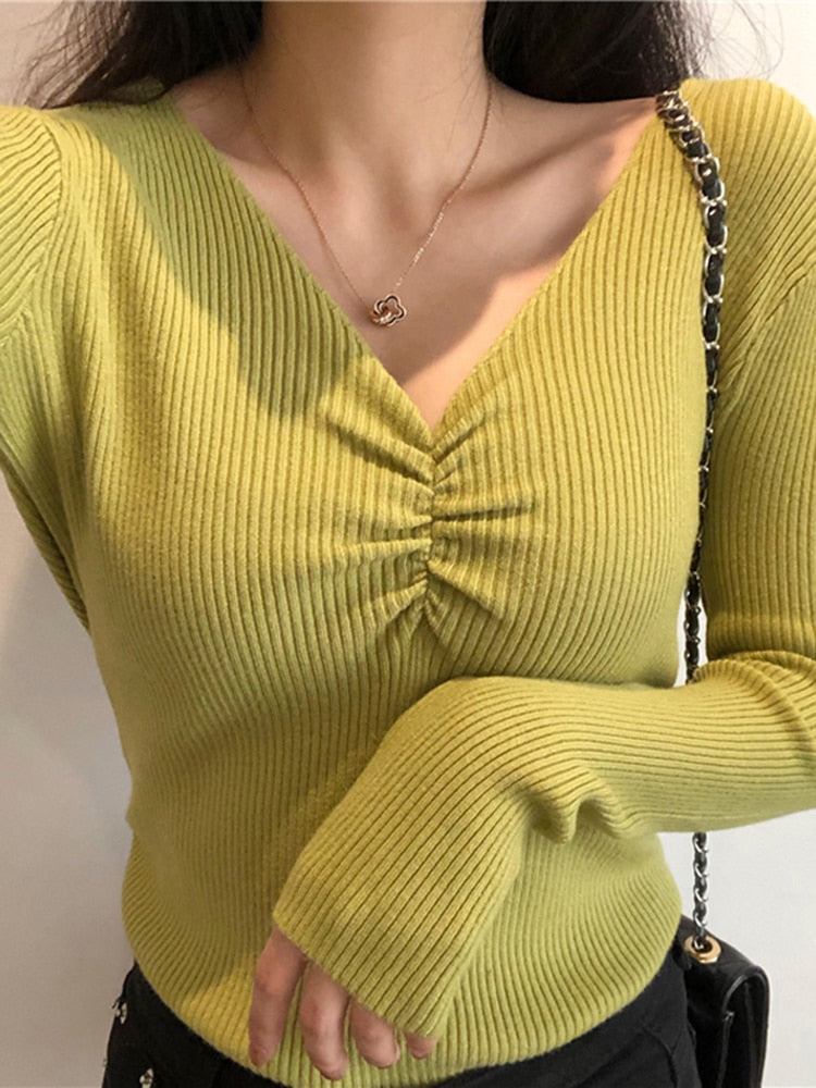 Ribbed Pullover With V-Neck Knot Gathering