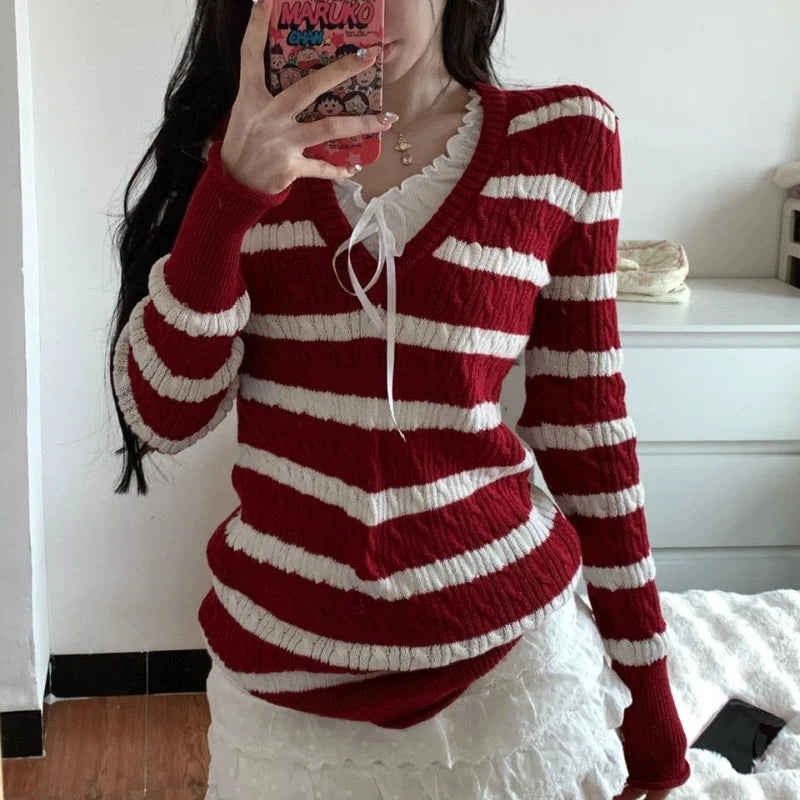 Striped Sweater With V-Neck