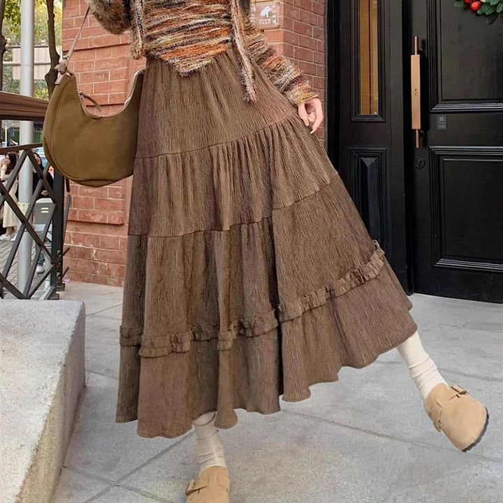 Corduroy Pleated Skirt With Ruffles