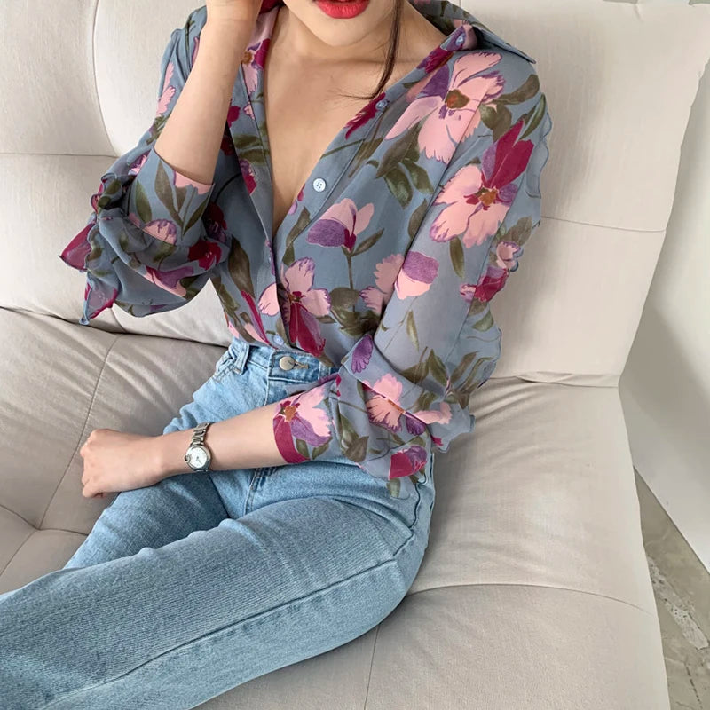 Floral-Pattern Chiffon Blouse With Buttons