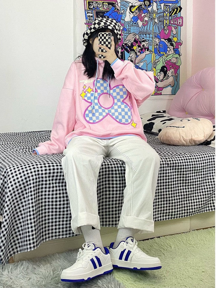Kawaii Contrast Hoodie With Checkered Flower Print (S to 3XL!)