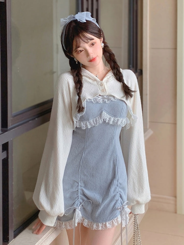 Two-Piece-Set: Kawaii Mini Dress with Lace + Longsleeved Topper Cardigan