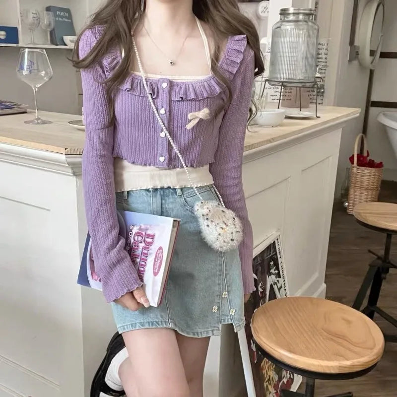 Cropped Cardigan With Square Neck And Heart Buttons