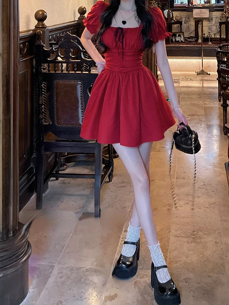 Red Mini Dress With Short Puffed Sleeves