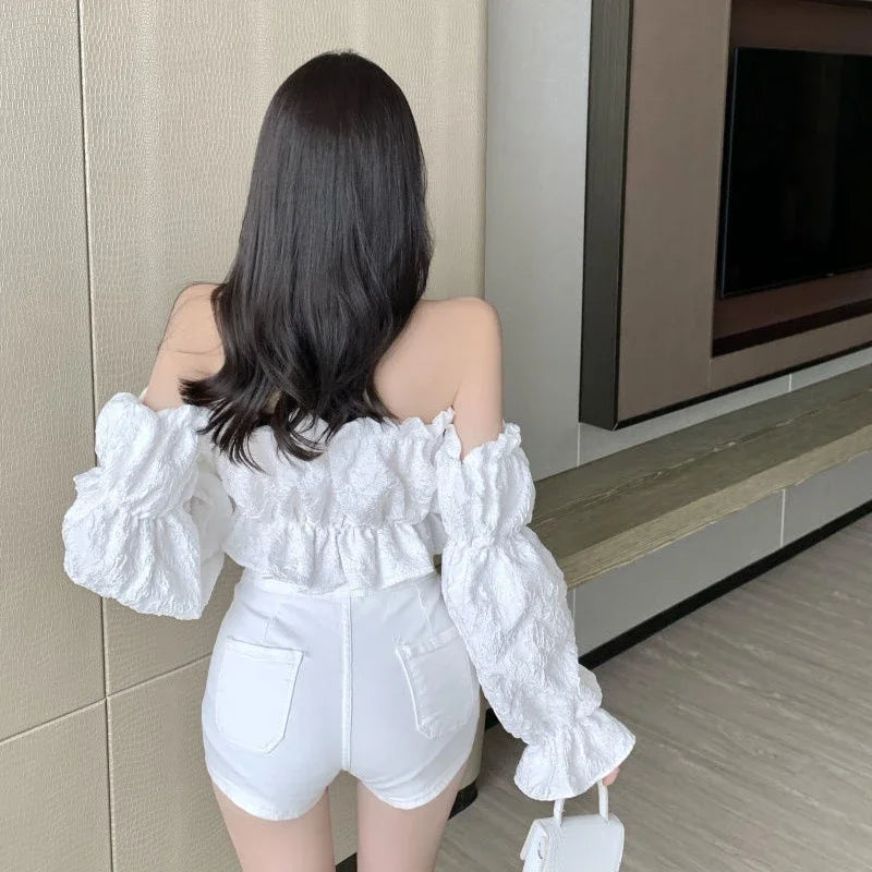 Off-Shoulder Blouse With Ruffles And Lantern Sleeves